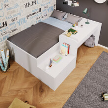 Roomfitters 90x190cm Single Bed Wooden Bed Frame with Integrated Study Desk & Storage Drawers, Solid Wood Bed Frame with Curved Safety Edges, White