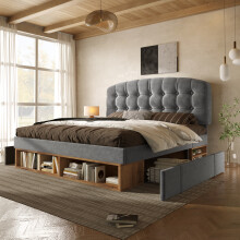 (Grey, King) Roomfitters Bed Upholstered Bed Frame with Adjustable Tufted Headboard, Velvet Bed Frame with Storage Drawers & Compartments