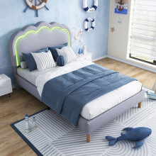 (Grey) Roomfitters 90x190cm Velvet Upholstered Single Bed Frame with Puff LED Headboard, Height Adjustable Platform Bed with Wooden Slats