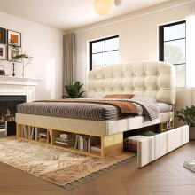 (Beige, Single) Roomfitters Bed Upholstered Bed Frame with Adjustable Tufted Headboard, Velvet Bed Frame with Storage Drawers & Compartments