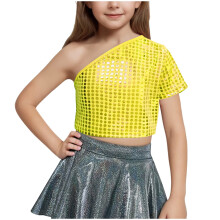 Girls One-Shoulder Short-Sleeve Sequin Crop Top