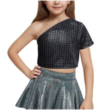 Girls One-Shoulder Short-Sleeve Sequin Crop Top