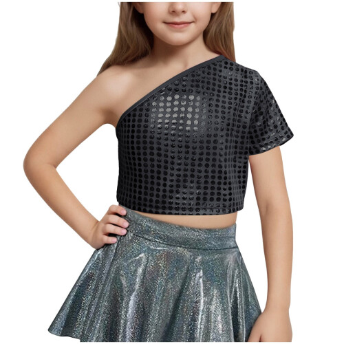 Girls One-Shoulder Short-Sleeve Sequin Crop Top
