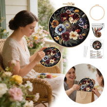 Floral Embroidery Kit Beginner Pattern Hoop Needles Threads