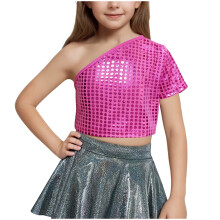 Girls One-Shoulder Short-Sleeve Sequin Top Summer Crop