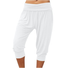 Women's White Harem Capri Pants High Waisted Soft Stretch