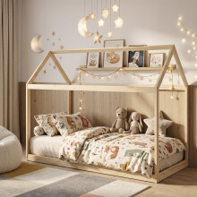 HOMCOM Wooden Single Bed Frame with Tree House Style, Natural Wood Finish
