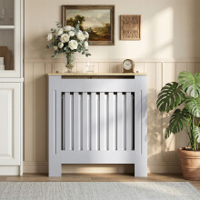 HOMCOM Radiator Cover Wooden Cabinet Vertical Slatted Vent MDF Grey Home