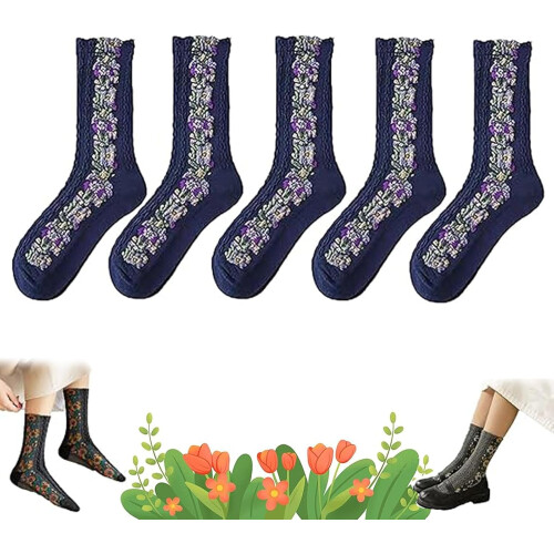 Floral Socks Vintage Embroidered Crew Sock Set
