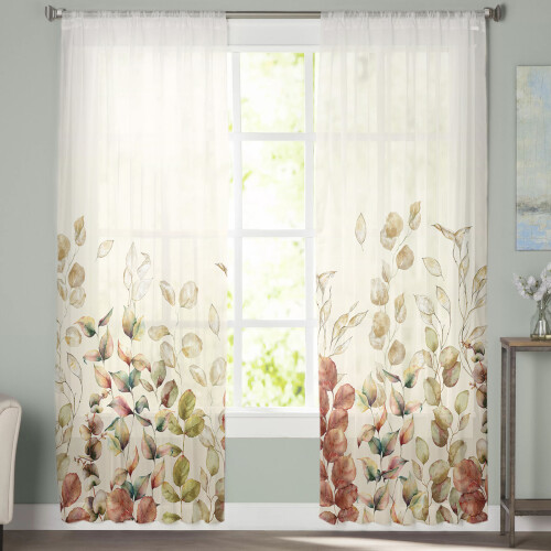 Sheer Curtains Eucalyptus Leaf Design 2 Panels 52"W x 72"L