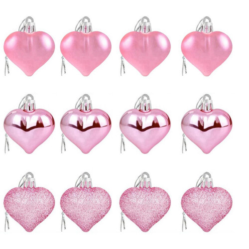 Valentines Heart Ornaments Set Pink Glitter 12 Pcs