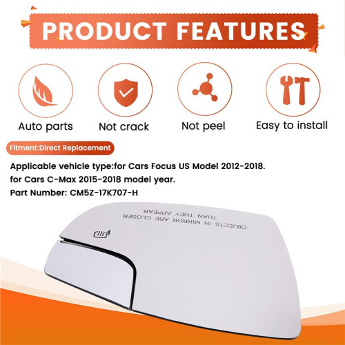 Right Heating Function Rearview Mirror Glass Replacement Wing Mirror CM5Z-17K707-H for  Focus C-Max