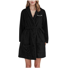 Women's Heart Chest Print Velvet Hooded Bathrobe Black XL