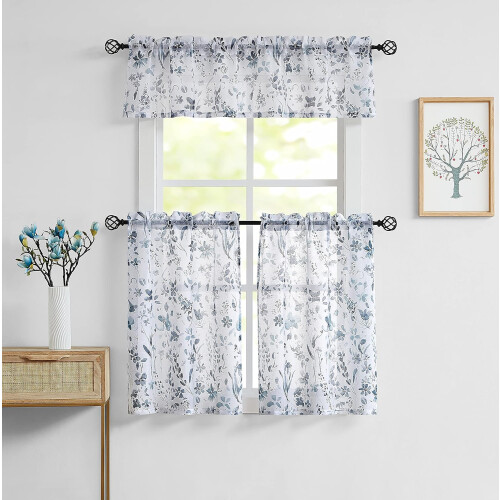 Blue Grey Floral Sheer Kitchen Curtains Set 36 inch Rod