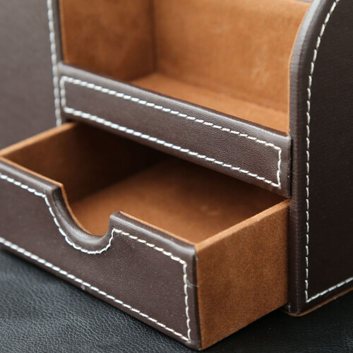 3Pcs PU Leather Multi-Function Desk Stationery Organizer Storage Box Pen/Pencil,Cell Phone, (Brown-Flannel) 1