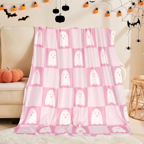 Halloween Microfiber Throw Blanket Pink Ghost 150x200cm