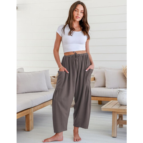 Women's Linen Wide Leg Pants Casual Loose Drawstring 1