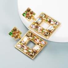 (Gold) Alloy Geometric Layered Earrings With Sparkle Accents For Women Fashion Lovers