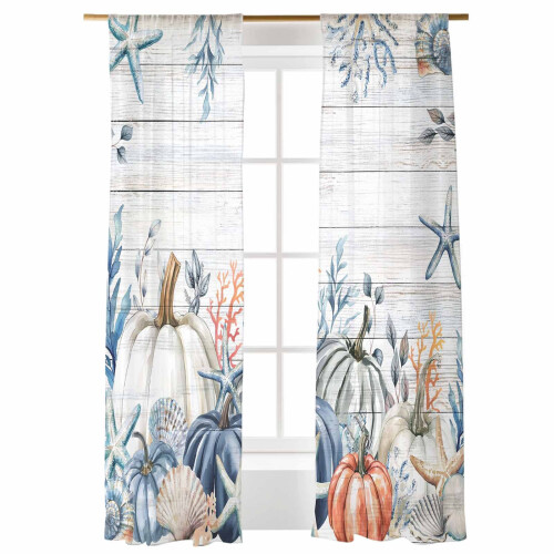 Sheer Curtains White Coastal Starfish Shell Corals Wood