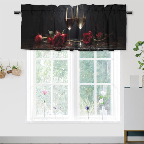 Wine Red Rose Valance Kitchen Window Curtain