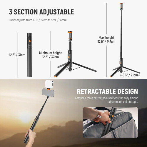 57.9in Selfie Stick Tripod with Phone Holder and Remote for iPhone and Android 1