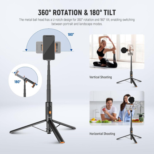 57.9in Selfie Stick Tripod with Phone Holder and Remote for iPhone and Android 2