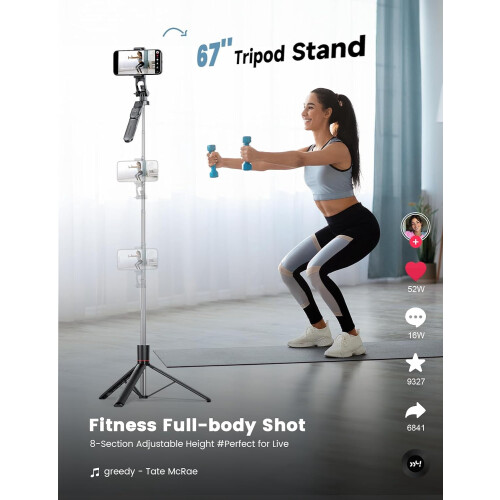 67in Selfie Stick Tripod with Light Remote and 360 Rotation 1