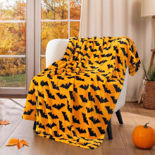 Halloween Throw Blanket Silver Bats on Black Velvet Fleece