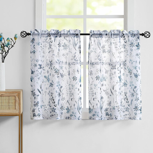 Floral Sheer Kitchen Curtains and Valance Set Blue Grey 2