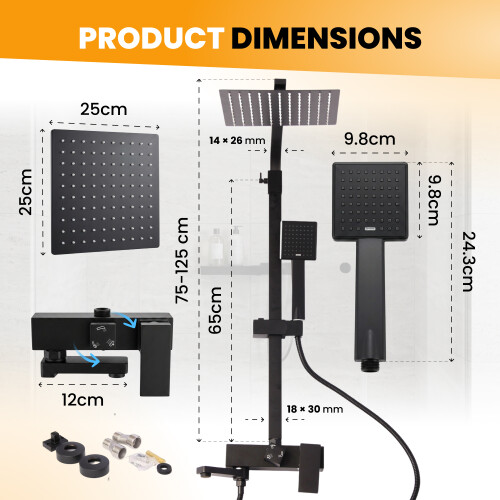 Black Bathroom Shower Mixer Bar Modern 3-Function Anti-Calc System Overhead Rainfall Shower 1