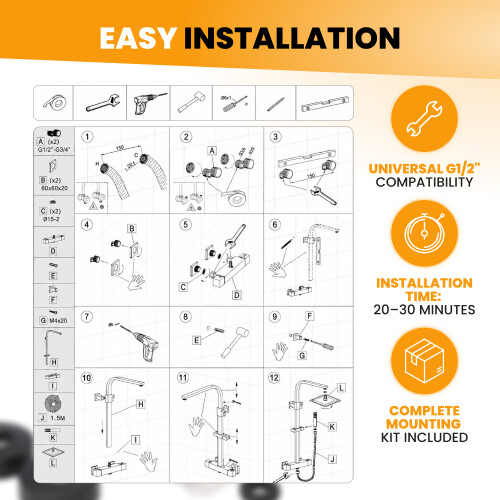 Black Bathroom Shower Mixer Bar Modern 3-Function Anti-Calc System Overhead Rainfall Shower 2