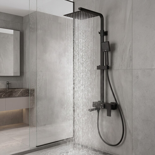 Black Bathroom Shower Mixer Bar Modern 3-Function Anti-Calc System Overhead Rainfall Shower
