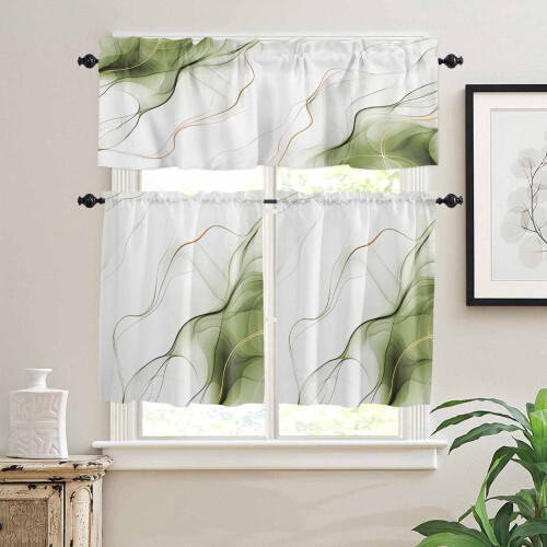 Sage Green Water Ripple Kitchen Curtains Set Vintage 1