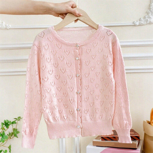 Girls Knit Cardigan Solid Color Long Sleeve Lace Heart