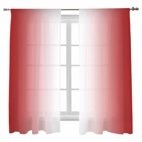 Sheer Voile Curtains Red White Gradient 52x63 Inch Rod
