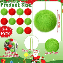 Green Furry Christmas Ornaments Set with Red Accents 16-Pc