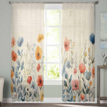 Sheer Curtains Blue Red Yellow Poppy Floral Linen Voile