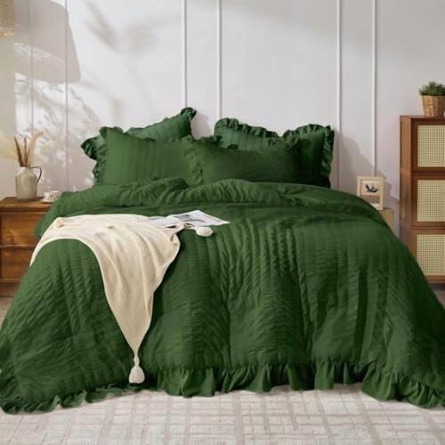 Dark Green Seersucker Comforter Set 3 pcs Microfiber