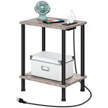 Side Table with Charging Station USB Outlet 2-Tier Greige
