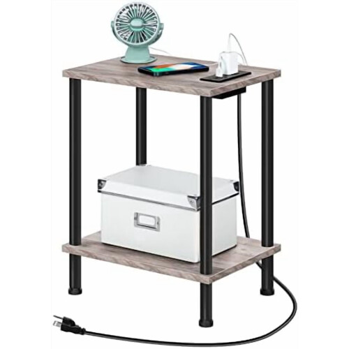 Side Table with Charging Station USB Outlet 2-Tier Greige
