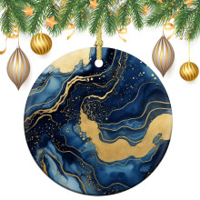 Gold Navy Alcohol Ink Glitter Ceramic Christmas Ornament 3