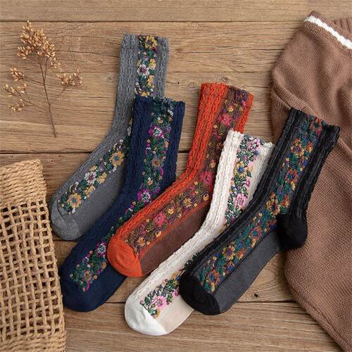 Floral Socks Vintage Embroidered Crew Sock Set 1