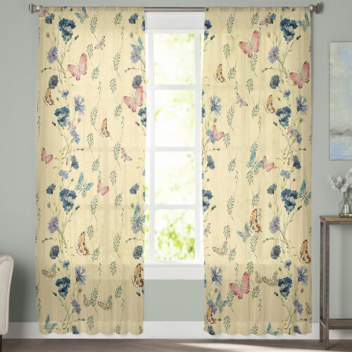Sheer Curtains Retro Floral Butterflies Light Filtering