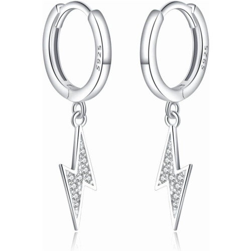 Sterling Silver Lightning Bolt Drop Hoop Earrings 1 Pair