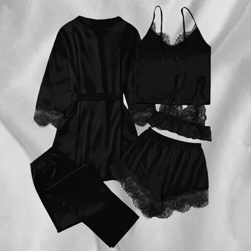 Women's Satin Pajama Set Long Sleeve 5-Piece