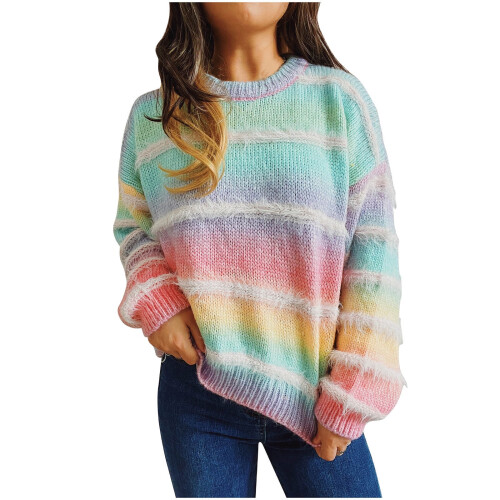 Women's Rainbow Striped Cable Knit Sweater