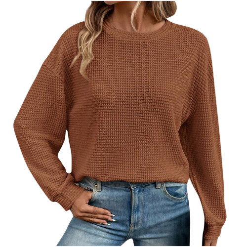Women's Waffle-Knit Long Sleeve Pullover Sweater