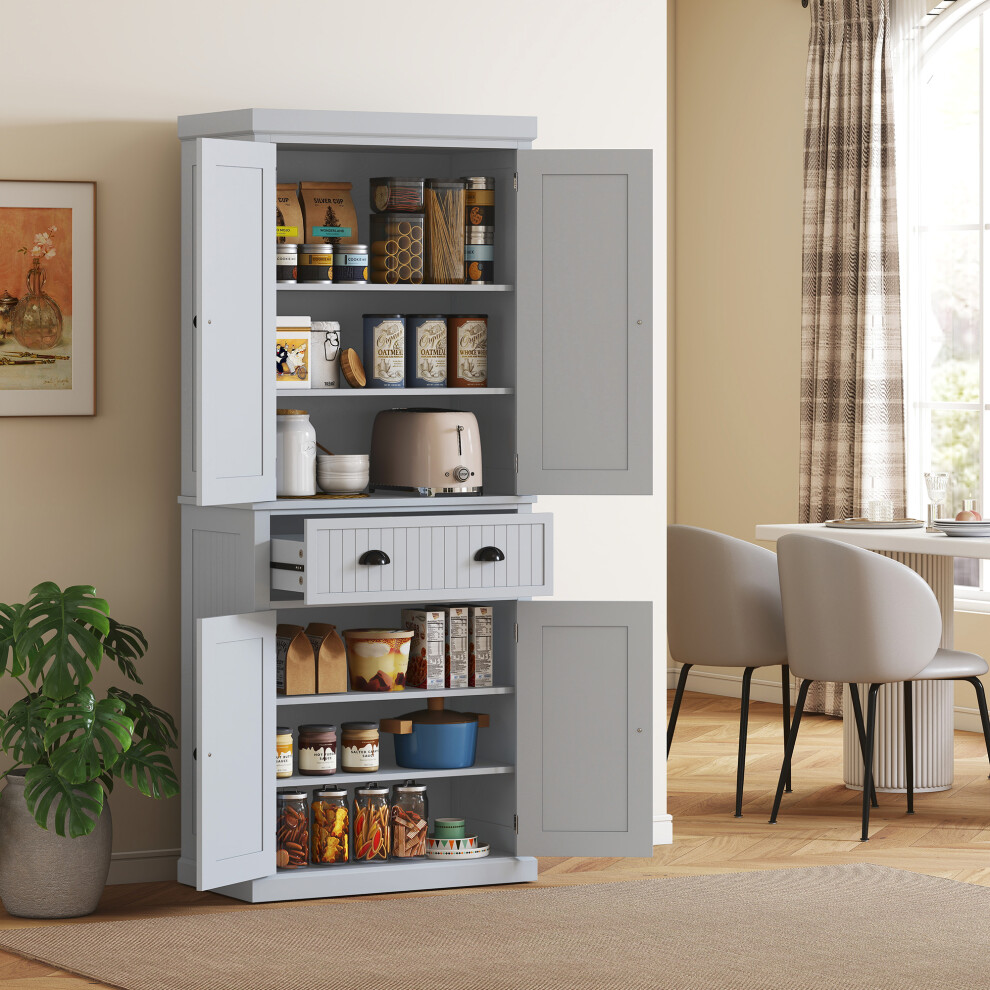 Homcom Unisex Grey Tall Kitchen Cupboard, Kitchen Pantry Cabinet With Drawer, Shelves In Size 4 - Image 2