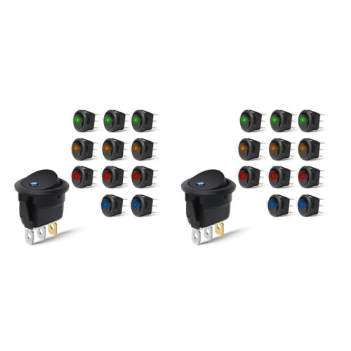 24PCS Round Dot Lighted Rocker  Toggle 20A 12V  /Off SPST  Control, 6Blue+6Green+6Yellow+6Red