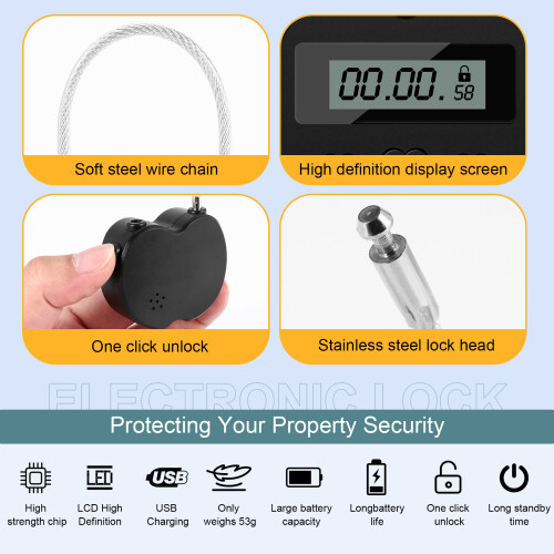 Lock LCD Display  Lock Multifunction Travel Electronic Timer, Waterproof USB Rechargeable Temporary Timer Padlock